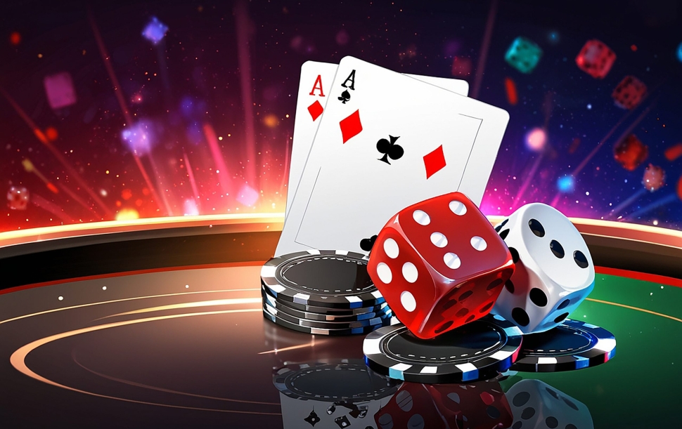 Realistic Casino Background with Cards Chips and Dice